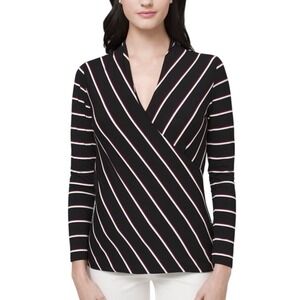 White House Black Market Wrap Blouse Striped Office Core Long Sleeve Top Black L